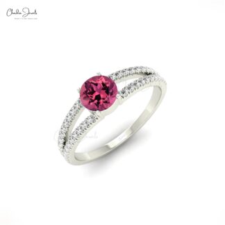 Twink Shank Wedding Ring With 5mm Pink Tourmaline And Diamond Accents In 14k Gold Ring