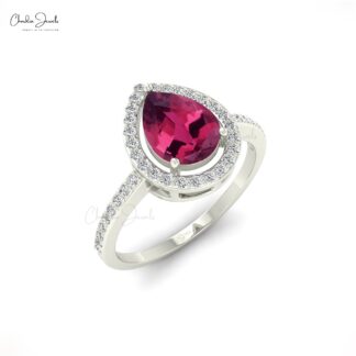 Delicate Halo Bridal Ring In 14k Solid Gold Pink Tourmaline 1.3 Ct Pear And Diamond Rings