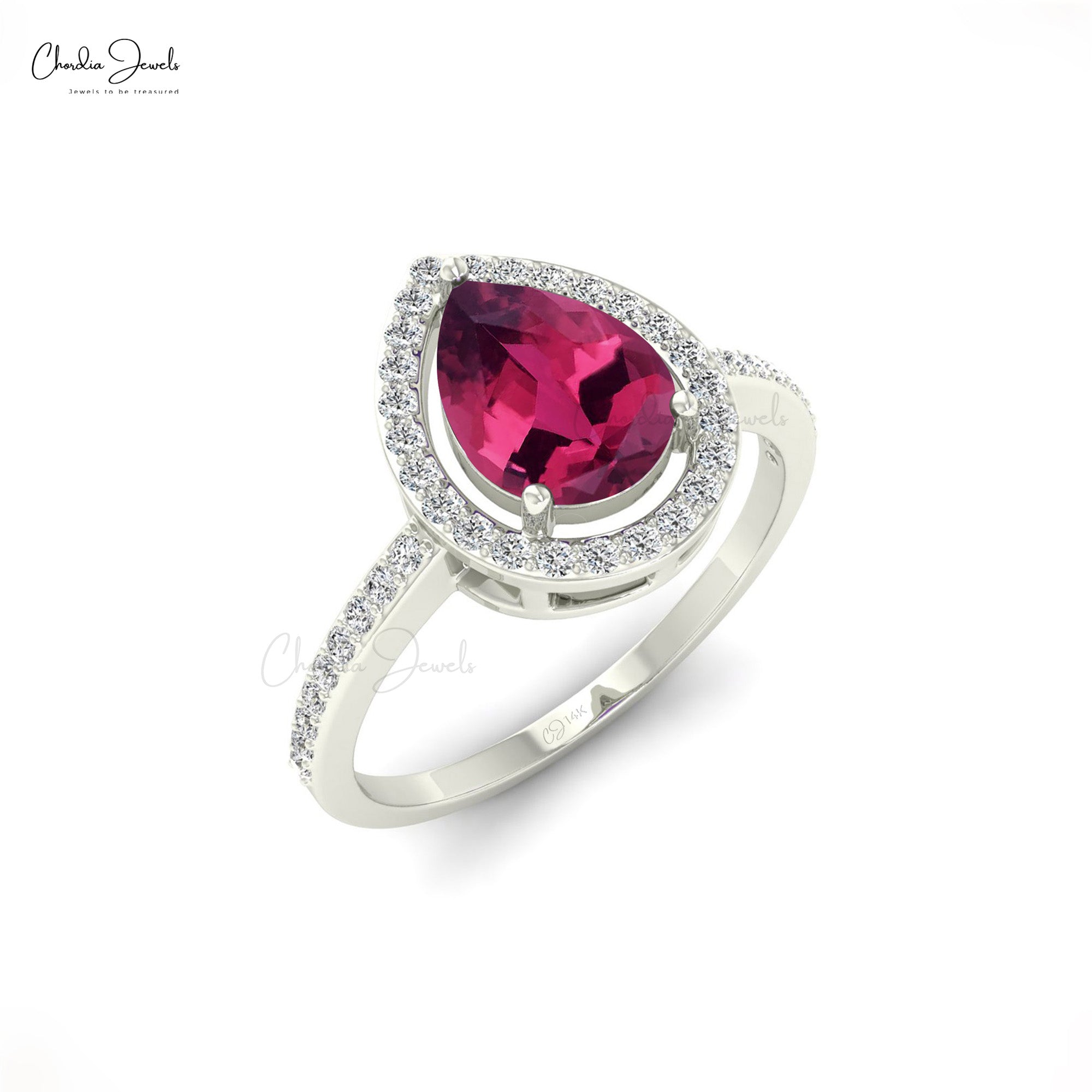 Delicate Halo Bridal Ring In 14k Solid Gold Pink Tourmaline 1.3 Ct Pear And Diamond Rings