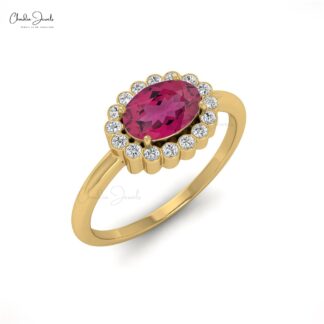 7x5mm Tourmaline Halo Engagement Ring with Bezel Diamond