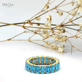 Stack Oval Wedding Ring With 6 Ct Swiss Blue Topaz Eternity Prong Ring In 14k Real Gold