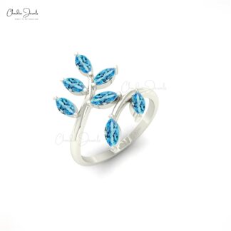 Olive Leaf Style Open Band With 5x2.5mm Swiss Blue Topaz Prong Set In 14k Pure Gold Ring