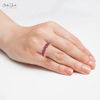 Full Eternity Wedding Band With 5x3mm Burma Ruby Prong Set In 14k Real Yellow Gold Ring
