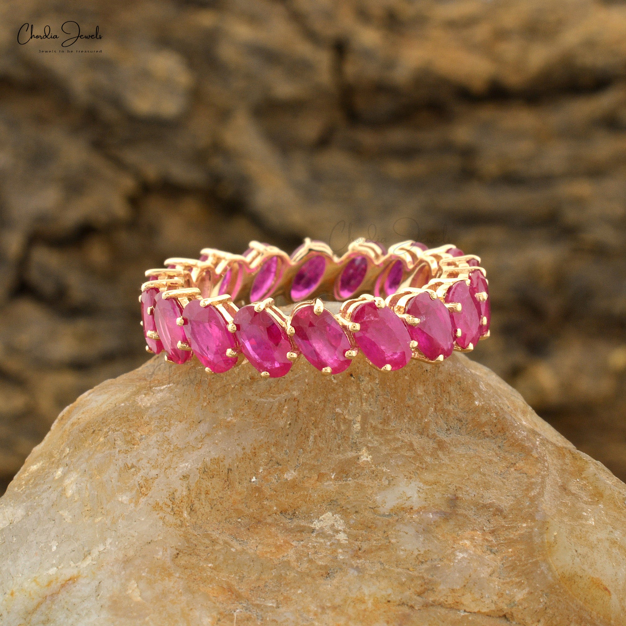 Natural Ruby Eternity Wedding Band In 14k Yellow Gold Oval 5x3mm Gemstone Fine Jewelry