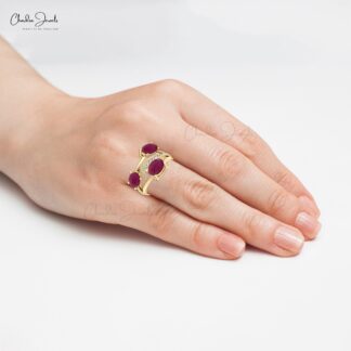 Solid 14k Gold Overlapping Ring With 7x5mm Trio Ruby With Diamond Split Shank Ring