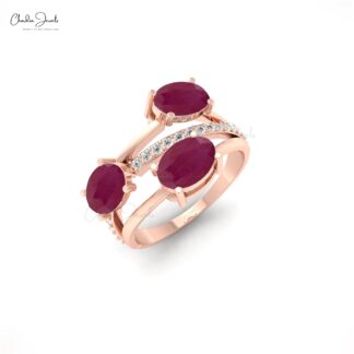 Solid 14k Gold Overlapping Ring With 7x5mm Trio Ruby With Diamond Split Shank Ring