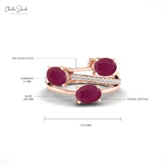 Solid 14k Gold Overlapping Ring With 7x5mm Trio Ruby With Diamond Split Shank Ring