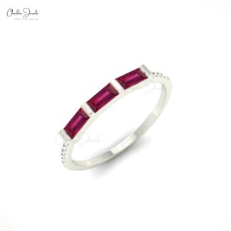 Baguette Stacking Band In 14k Solid Gold Ruby 4x2mm Gemstone Diamond Wedding Ring