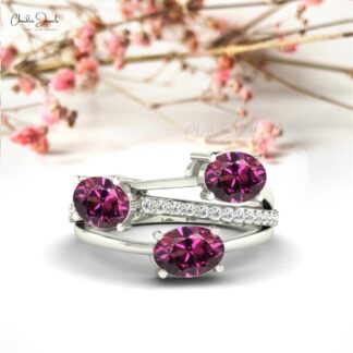 Real 14k Gold 3 Stone Ring With 7x5mm Oval Rhodolite Garnet And Diamond Split Shank Ring