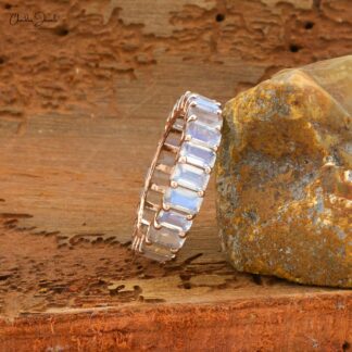 Eternity Gemstone Band With Rainbow Moonstone 14k Solid Gold June Birthstone Women's Ring