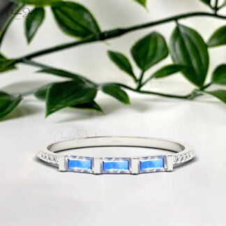 Solid 14k Gold Trilogy Ring In 4x2mm Rainbow Moonstone Diamond Dainty Band Ring