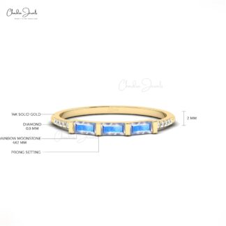 Solid 14k Gold Trilogy Ring In 4x2mm Rainbow Moonstone Diamond Dainty Band Ring