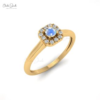 Solid 14k Gold Halo Ring In 3mm Rainbow Moonstone And Diamond Promise Rings For Her