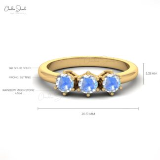 Triple Rainbow Moonstone Ring In 14k Pure Gold Gemstone Hallmarked Bridal Rings