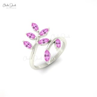 Real 14k Gold Leaf Ring With 5x2.5mm Pink Sapphire Statement Wedding Ring