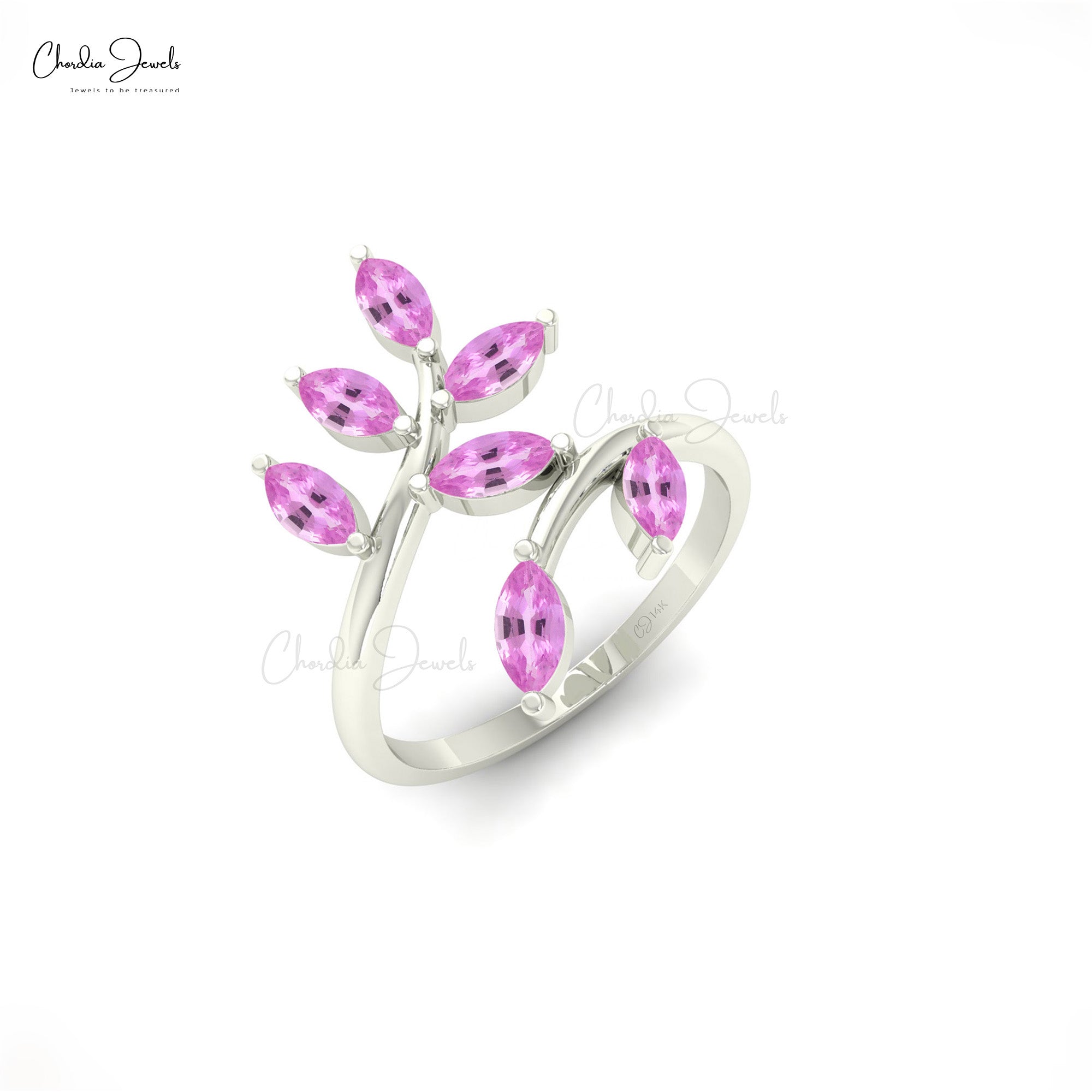 Real 14k Gold Leaf Ring With 5×2.5mm Pink Sapphire Statement Wedding Ring