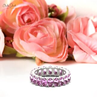 Oval Eternity Wedding Band In Solid 14k Gold Pink Sapphire 5x3mm Gemstone Ring For Her