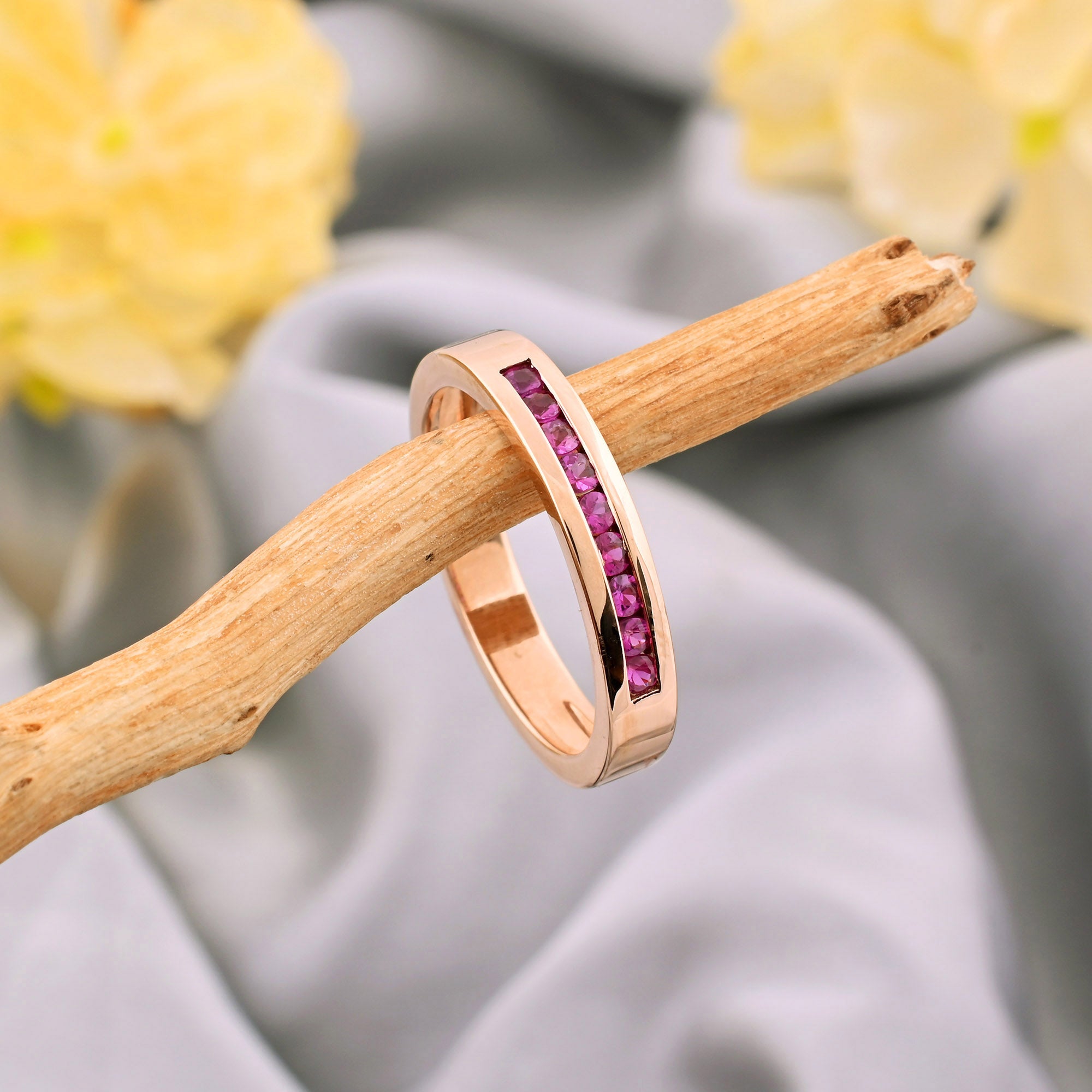 Genuine Pink Sapphire Half Eternity Ring In 14k Rose Gold Gemstone Fine Jewelry For Her