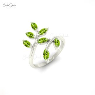 Marquise Gemstone Ring in 14k Real Gold Green Peridot 7 Stone Prong Set Ring