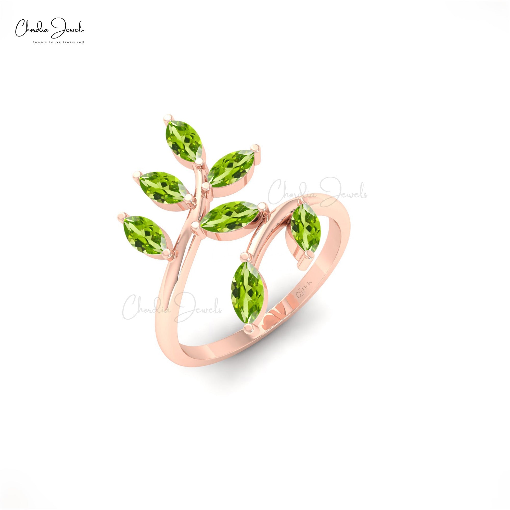 Marquise Gemstone Ring in 14k Real Gold Green Peridot 7 Stone Prong Set Ring
