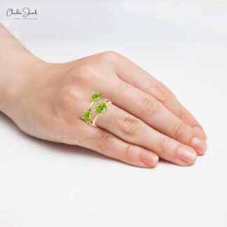 Split Shank 14k Solid Gold Ring With 7x5mm Green Peridot With G-H Diamond Women Ring