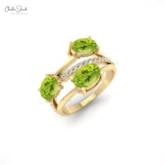 Split Shank 14k Solid Gold Ring With 7x5mm Green Peridot With G-H Diamond Women Ring