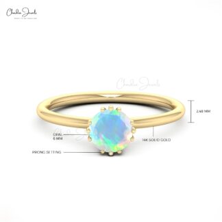 Real 14k Gold Single Stone Ring With 0.57 Ct Fire Opal Round Cut Handmade Rings