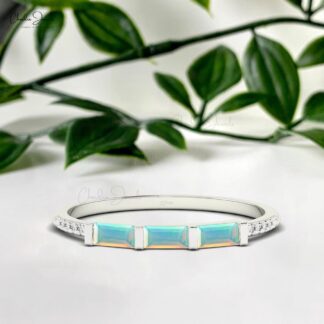 Real 14k Gold Dainty Ring With 4x2mm Baguette Opal And Diamond Stacking Ring