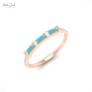 Real 14k Gold Dainty Ring With 4x2mm Baguette Opal And Diamond Stacking Ring