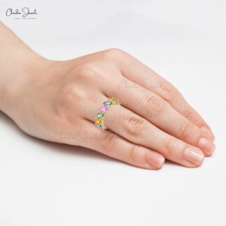 Oval Rainbow Wedding Band In 14k Yellow Gold Multi Sapphire 7.5 Ct Gemstone Ring For Her