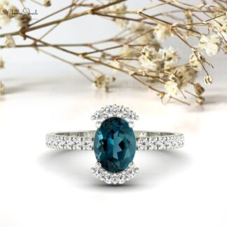 Real 14k Gold Half Halo Ring With 8x6mm London Blue Topaz Side Diamond Engagement Ring