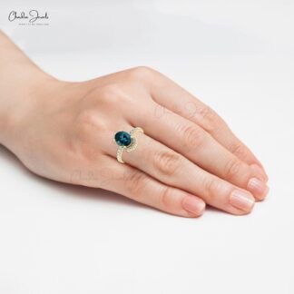 Real 14k Gold Half Halo Ring With 8x6mm London Blue Topaz Side Diamond Engagement Ring