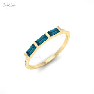 Pure 14k Gold 3 Stone Ring With 0.24 Ct London Blue Topaz Dainty Diamond Proposal Ring