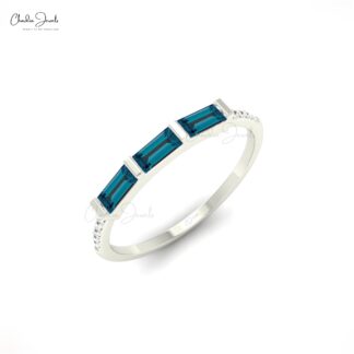 Pure 14k Gold 3 Stone Ring With 0.24 Ct London Blue Topaz Dainty Diamond Proposal Ring