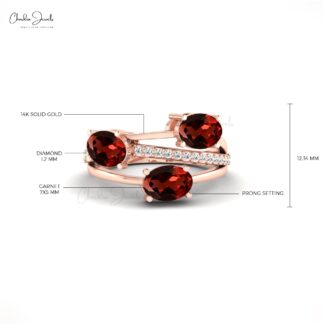 Three Stone Crossover Ring In 2.16 Ct Red Garnet With Diamond 14k Solid Gold Ring