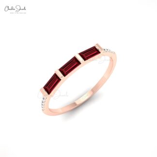 Baguette Stacking Ring In 14k Solid Gold With 0.24Ct Red Garnet And Diamond Ring