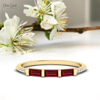 Baguette Stacking Ring In 14k Solid Gold With 0.24Ct Red Garnet And Diamond Ring