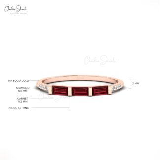 Baguette Stacking Ring In 14k Solid Gold With 0.24Ct Red Garnet And Diamond Ring