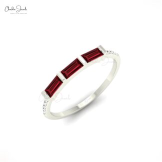 Baguette Stacking Ring In 14k Solid Gold With 0.24Ct Red Garnet And Diamond Ring