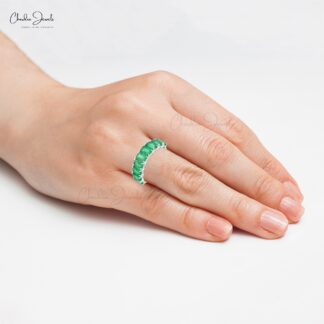 Half Eternity Wedding Band In 14k Real White Gold Zambian Emerald Gemstone Rings
