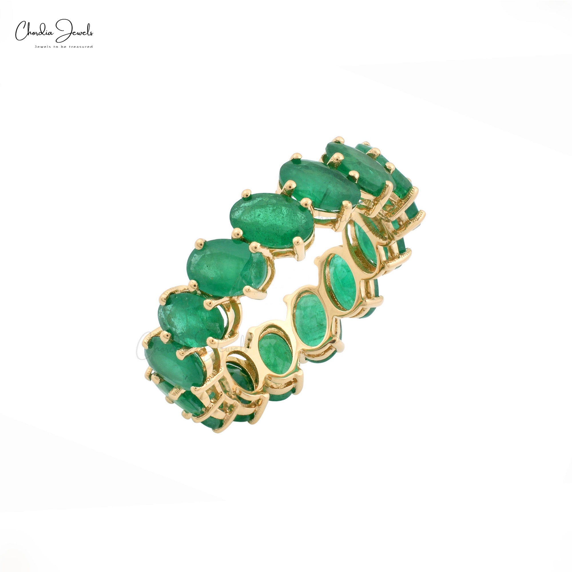 Real 14k Yellow Gold Eternity Ring With 6x4mm Emerald Gemstone Stacking Band Rings