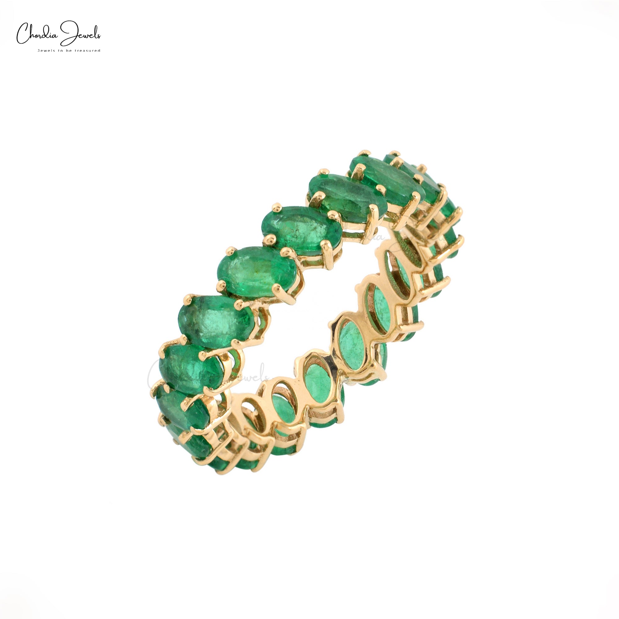 Oval Cut Eternity Band With 5x3mm Emerald May Birthstone 14k Real Yellow Gold Ring