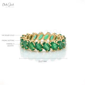 Oval Cut Eternity Band With 5x3mm Emerald May Birthstone 14k Real Yellow Gold Ring