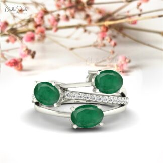 Split Shank Wedding Ring With 7x5mm Emerald And Diamond Crossover Rings in 14k Real Gold