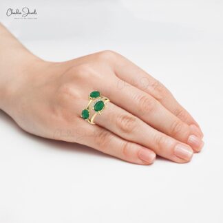 Split Shank Wedding Ring With 7x5mm Emerald And Diamond Crossover Rings in 14k Real Gold