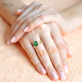 Pure 14k Yellow Gold Open Cuff Ring in 9x7mm Emerald Gemstone And Diamond Bridal Ring