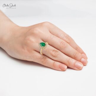 Tear Drop Wedding Ring With 8x6mm Emerald And Diamond Halo Ring In 14k Solid Gold