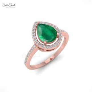 Tear Drop Wedding Ring With 8x6mm Emerald And Diamond Halo Ring In 14k Solid Gold