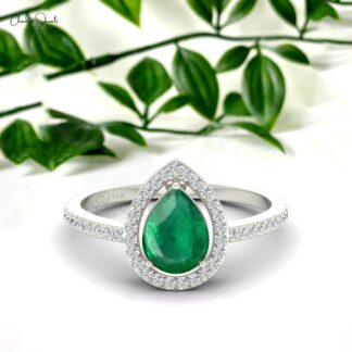 Tear Drop Wedding Ring With 8x6mm Emerald And Diamond Halo Ring In 14k Solid Gold