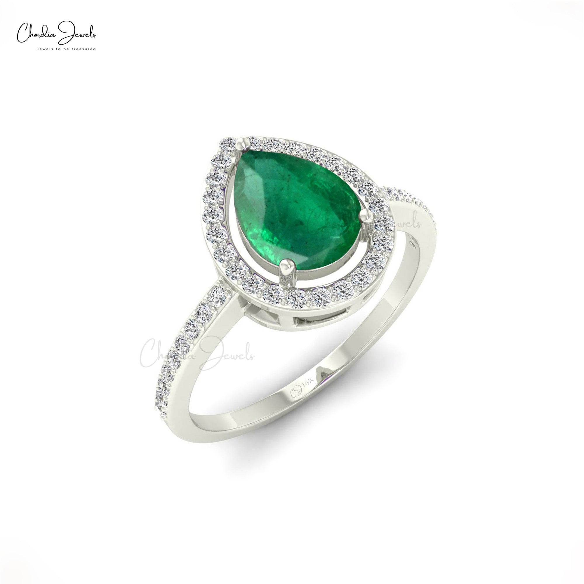 Tear Drop Wedding Ring With 8x6mm Emerald And Diamond Halo Ring In 14k Solid Gold
